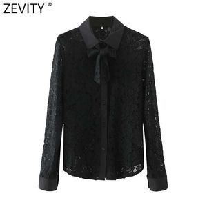 Zevity Women Sexy Perspective Black Lace Casual Smock Blouse Female Turn Down Collar Bow Tied Shirt Chic Blusas Tops LS7611 210603