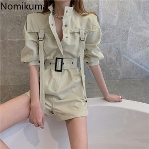 Nomikuma Korean Style Jumpsuit Women Stand Collar Short Sleeve Slim Waist Lace Up Loose Playsuits Casual Cargo Pants High Street 210514