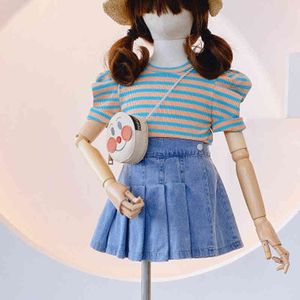 Summer Girls Clothes Set Fashion Short-sleeve Striped Top + Denim Skirt Pants Cute Children's Two-piece 210515