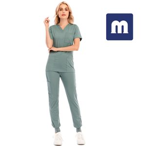 Medigo-012 Pantaloni a due pezzi da donna Tinta unita Spa Filettato Abiti da lavoro da clinica Top + pantaloni Unisex Scrubs Pet Nursing Hospital Uniform Suit