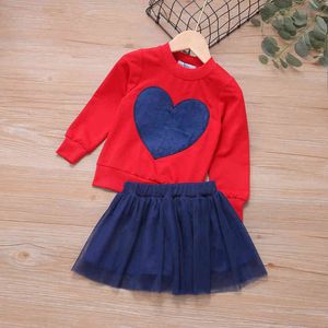 Estilo Casual Girl Girl Outono Bebê Meninas Roupas de Love Costura Longa Manga + Malha Saias 2 Pcs Crianças Crianças Conjuntos 210515