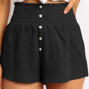 Sommar pläterad casual lösa shorts kvinnor plus storlek elastisk midja knapp dekoration damer streetwear raka shorts 210608