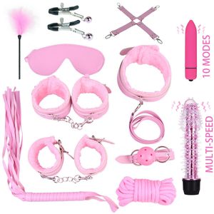 Sex Toys for Couples Woman Handcuffs Whip Nipples Clip Blindfold Mouth Gag BDSM Bondage Kit Flirt Erotic Toy Adult Games Shop T200518