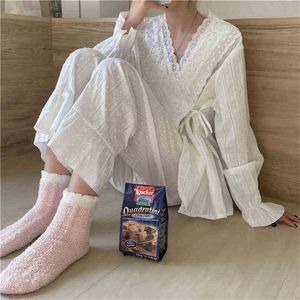 Branca Princesa Doce Chique Meninas Elegante Sleepwear Venda de Alta Qualidade Homewear Pijamas De Algodão Sets 210525