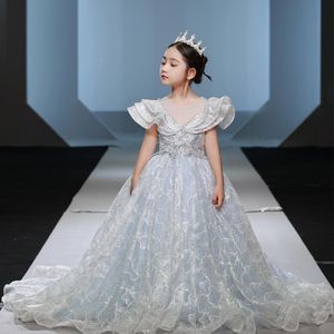 Mädchen Kleider 2021 Luxus Kinder Mädchen Geburtstag Hochzeit Prinzessin Lange Schwanz Kleid Kinder Teenager Elegante Modell Piano Host