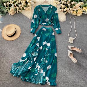 Neploe Höst 2 Piece Set V-Neck Drawstring Chiffon Blouse + High Waist Fungus Patchwork Flower Print Split kjol kostym Kvinnor 210423