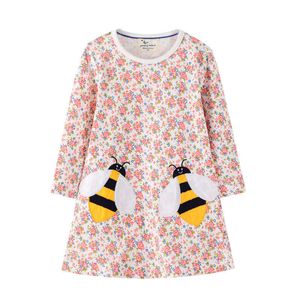 Saltando metros de manga comprida animal abelha applique flores meninas vestidos para outono primavera algodão crianças roupas trajes vestido 210529