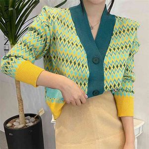 Contrast Color Sweater Coat Women's Spring V-neck Argyle Single Breasted Long Sleeve Cardigan Knitted 5A1325 210427