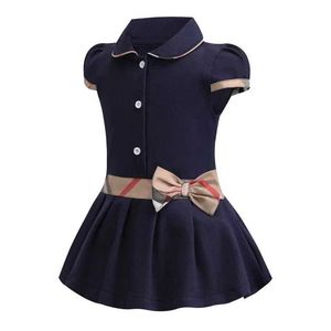 2020 Nowy Summerutumn Blue Dress with Plaid Bow Dla Dziewczyn Elegancka sukienka imprezowa dla dzieci Dziewczyny Khaki Sukienka Dla Dzieci Q0716