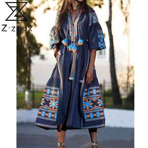 Women Dress Printing Dresses Lantern Sleeve V-neck Plus Size Vintage Long Woman Clothing Autumn 210513