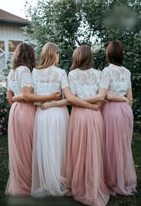 Two Pieces Wedding Party Dress 2021 A Line Crew Neck Pearl Pink Blush Bridesmaid Dresses Lace Bodice Beach Garden Honor of Maid Formal Event Short Sleeve Floor Length