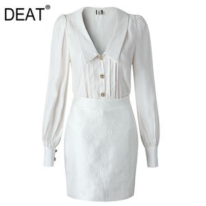 Half-body Skirt Two Pieces Suit V-Neck Long Sleeve Slim Fit Fashion White Embroidery Button Women Summer 7E0818 210421