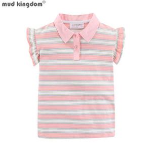 Mudkingdom Verão Flutter Sleeve Menina Polo Vestido para Meninas Camisa Vestidos Criança Curta Stripe Roupas Crianças Roupas 210615