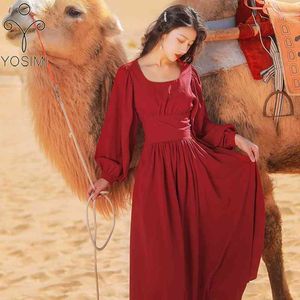 Yosimi Spring Red Long女性のドレスヴィンテージフルスリーブミッドカーフスクエアカラーランタン帝国女性ドレス210604