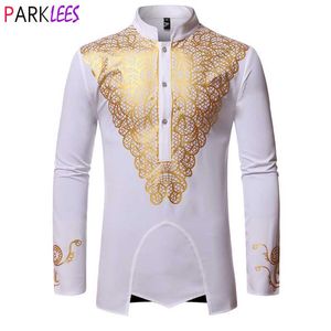 Luxury Metallic Gold Print African Man Clothing Agbada Kaftan Attire White Wedding Mens Dress Shirts Nehru Collar Dashiki Shirt Men's Casual