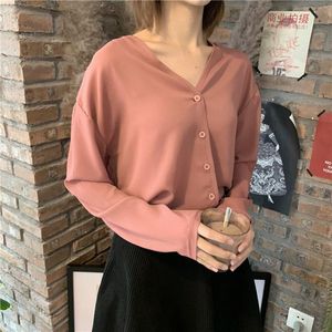 Casual Loose Blue Women Long Sleeve Brick-Red Vintage V-Neck Single Breasted Ladies Tops 2021 Sexig högkvalitativ G3-kvinnors blusar Skjorta