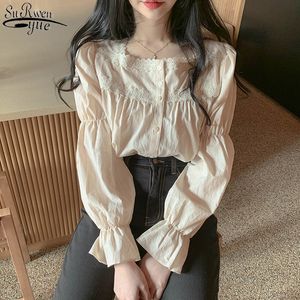 Beige Lace Blouse Vintage Square Collar Women Long Puff Sleeve Shirt Solid Cardigan Sweet Blusas Clothes Tops 11200 210427