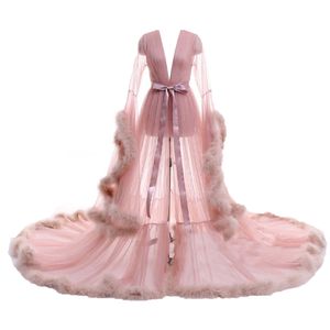 Women Sleepwear Feather Bathrobe Long Wedding Bridal Robe Customize Nightgown Perspective Sheer Maternity Pajamas232Q