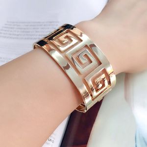 Women Fashion Accessories Elegant Geometric Hollow Bangle Wide Metal Cuff Wristband Bracelet 18K Gold Plated Wedding Jewelry Party Gifts