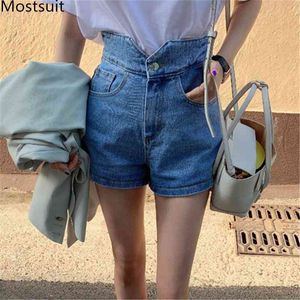 Sommarblå Koreanska Högt midja Denim Shorts Kvinnor Wide-Legged Bollhed Knappar Sexig Femme 210518