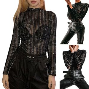 Kadınlar Seksi Moda Casual Siyah Desen Dikey Çizgili Mesh Sheer See-throom Playsuit Balıkçı Yaka Tops Romper Clubwear Tops