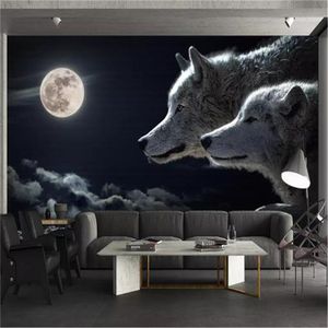 Custom 3d Animal Wallpaper Wall Papers Beautiful Night Scene Romantic Couple Wolf Interior Home Decor Painting Modern Mural Wallpapers