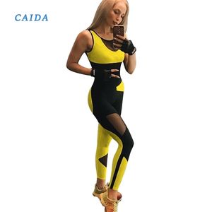 CAIDA Abbigliamento sportivo Backless One Piece Gym Set Mesh Tuta da allenamento gialla Abbigliamento sportivo Abbigliamento sportivo per le donne Abbigliamento fitness Y0625