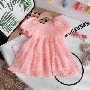 Girls Pink Ruched Lace Dress Puff Sleeve Clothing Summer Princess Costume for Children 210529