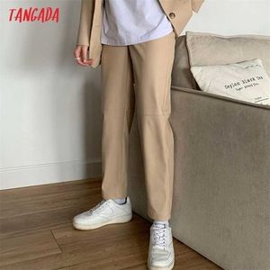 Tangada Women Beige FauxレザースーツパンツハイウエストポケットオフィスレディースPUズボンJE176 211115