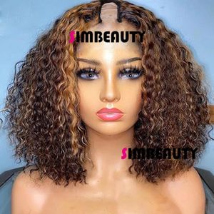 Höjdpunkter blondin u del peruker middle öppen ombre bouncy curly 100% mänskligt hår peruk peruansk kinky curl v form full maskin gjord