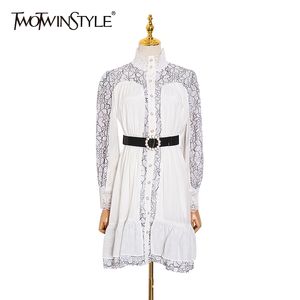 TWOTWINSTYLE Elegant Printed Dress For Women Turtleneck Long Sleeve High Waist With Sashes Midi Dresses Female Autumn Fashion 210517