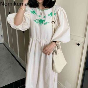 ノミクマ因果oネックランタンスリーブ女性ドレス韓国の花刺繍ドレススプリンク夏の新しい甘いヴェスティッド6G286 210427