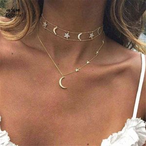 Tocona Bohemian Moon Stars Pendant Chokers Necklaces Multi Layer Gold Alloy Chain Necklace Collar for Women Jewelry 5604 G1206