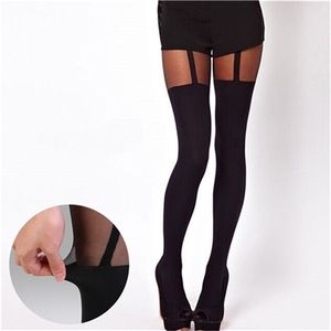Women Girls Temptation Sheer Tattoo Mock Suspender Velvet Tights Pantyhose Fake Strap Garter Belt Thigh-High Stockings X0521