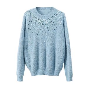 Frauen Rundhalspullover Strickpullover Blau Orange Weiß Violett Lose Winter Lässige Pailletten M0246 210514