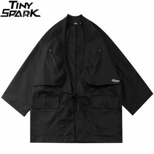 Japanese Kimono Jacket Zipper Pockets Hip Hop Men Black Jacket Streetwear Harajuku Japan Style Cardigan Jacket Kimono 210818