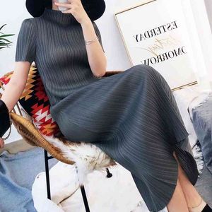 TIANPEI Miyake Pleated women dress summer temperament casual Korean basic Turtleneck short sleeve long aesthetic dress 5008 210406