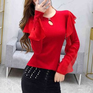 Christmas Gift Luxury Design Women's O Neck Ruffles Long Sleeves T-Shirt Autumn Female Pullover Casual Tops Tees A3788 210428