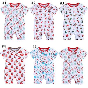 Sommar jul baby rompers söt nyfödd barn flicka casual kortärmad shorts santa claus träd snögubbe tryckta dragkedjor jumpsuits toddler kläder m3818