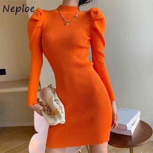 Chic Half-high Collar Puff Sleeve Knitted Women Dress Autumn Slim Fit Sexy Bodycon Dresses Solid Color Elegant Vestidos 210422