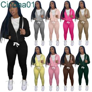 Women Tracksuits Two Piece Set Designer Autumn Twill Sweater Fabric Zipper Hoodie Jacket Sweatpants Drawstring Solid Sportsuit 9 Colours