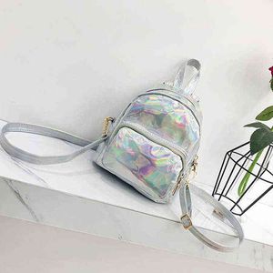 Yeni Gümüş Lazer Küçük Sırt Çantası Kadın Seyahat PU Deri Katı Renk Mini Sırt Çantaları Genç Kızlar için Okul Çantaları Sevimli Geri Paketi Y1105