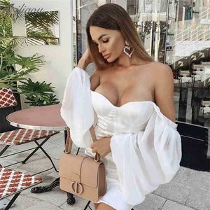 Chic White Mini Dress Puff Sleeves Sexig Backless Celebrity Party Club Satin 210525