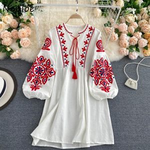 Neploe Bohemian Chic Flor Bordado Lace Up Dress O-Neck Elegante Femme Vestidos Moda Novos Vestidos Panelados Mulheres 210423