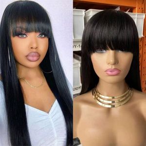 Brazilian Straight Remy Human Hair Wigs with Bangs 150% Density No Lace Machine Made Wig for Black Women