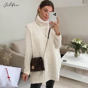 Uzun Kazak Yelek Kadınlar Siyah Gevşek Rahat Kolsuz Balıkçı Yaka Örme Kazak Kıyafetleri Sonbahar Kış Moda Jumper Tops 210415