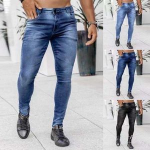 Calças de jeans masculinas Trend Black Slim High Caist Men para o namorado casual da moda azul