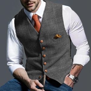 jacket England Style Men's Vest V-neck Sleeveless Vintage Single Breasted Joker Business Casual Pocket Decor Quality Male Jacket