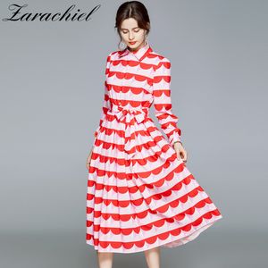 Autumn Geometric Half Round Print Women Sleeve Shirt Party Female Lapel Button Long Dress With Belt 210416