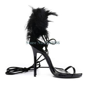 Dress Shoes Open Toe Single Strap Thin High Heel Sandals Black Feather Show Elegant Banquet Women Leather Ankle